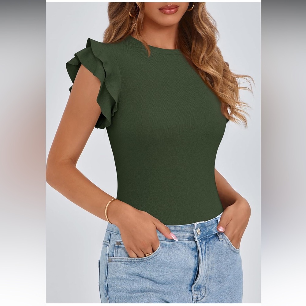 Green Spring Top for Women Flutter Short Sleeve Sweater Casual Knit Pullover